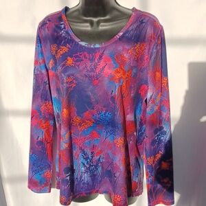 Reel Legends Long Sleeve Floral Performance Top, Red/Purple/Blue, L, 21"PTP, 24L